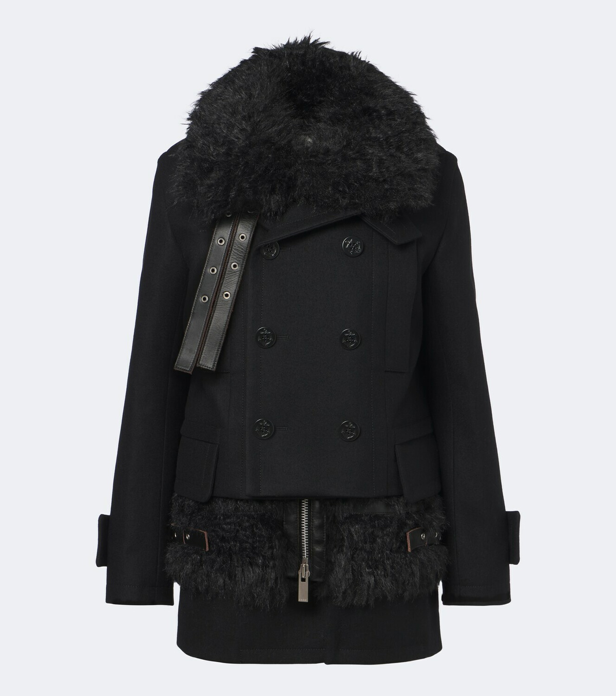 Sacai Layered leather-trimmed wool coat