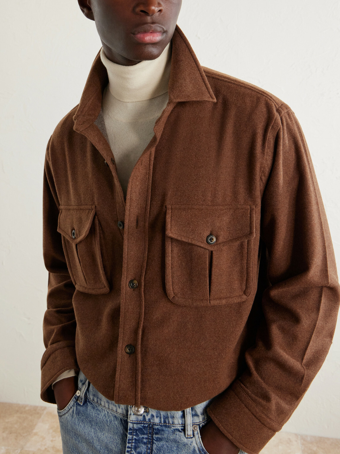 Caruso - Houndstooth Brushed Wool Overshirt - Neutrals