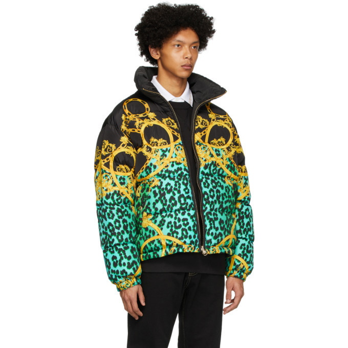 Versace Jeans Couture Reversible Black and Green Chain Print Puffer ...