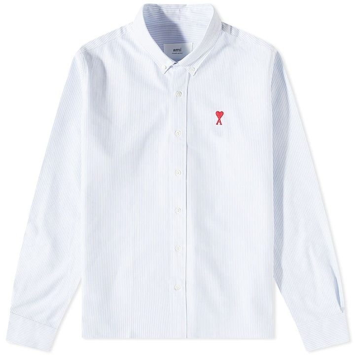 Photo: AMI Men's Heart Striped Button Down Oxford Shirt in Sky Blue/White