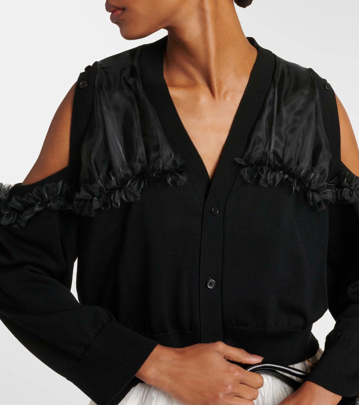 Noir Kei Ninomiya Cutout tulle-trimmed wool cardigan