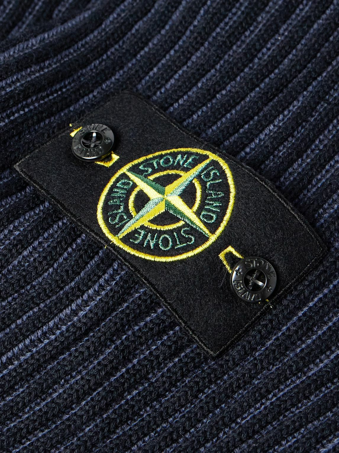 Stone Island - Two-Tone Logo-Appliquéd Ribbed Wool Sweater Stone Island - Two-Tone Logo-Appliquéd Ribbed Wool Sweater