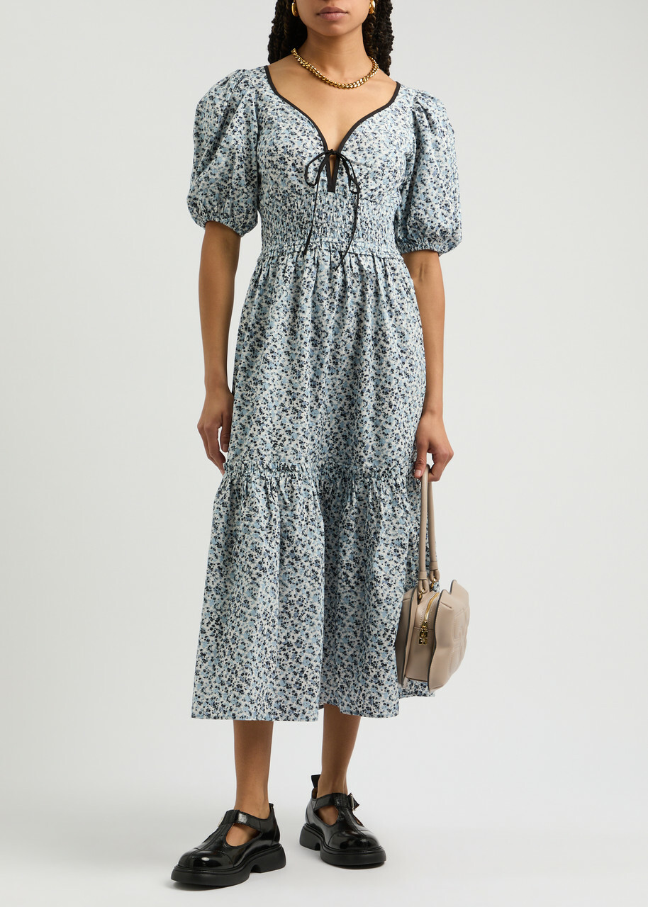 Ganni Floral-print Cotton Midi Dress Blue