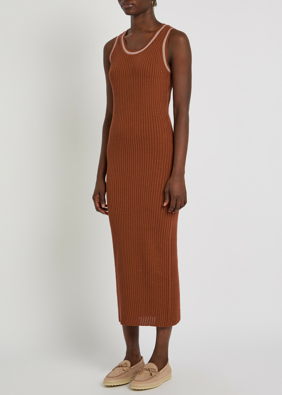 Tods Scoop-neck Cotton-knit Midi Dress Terracotta