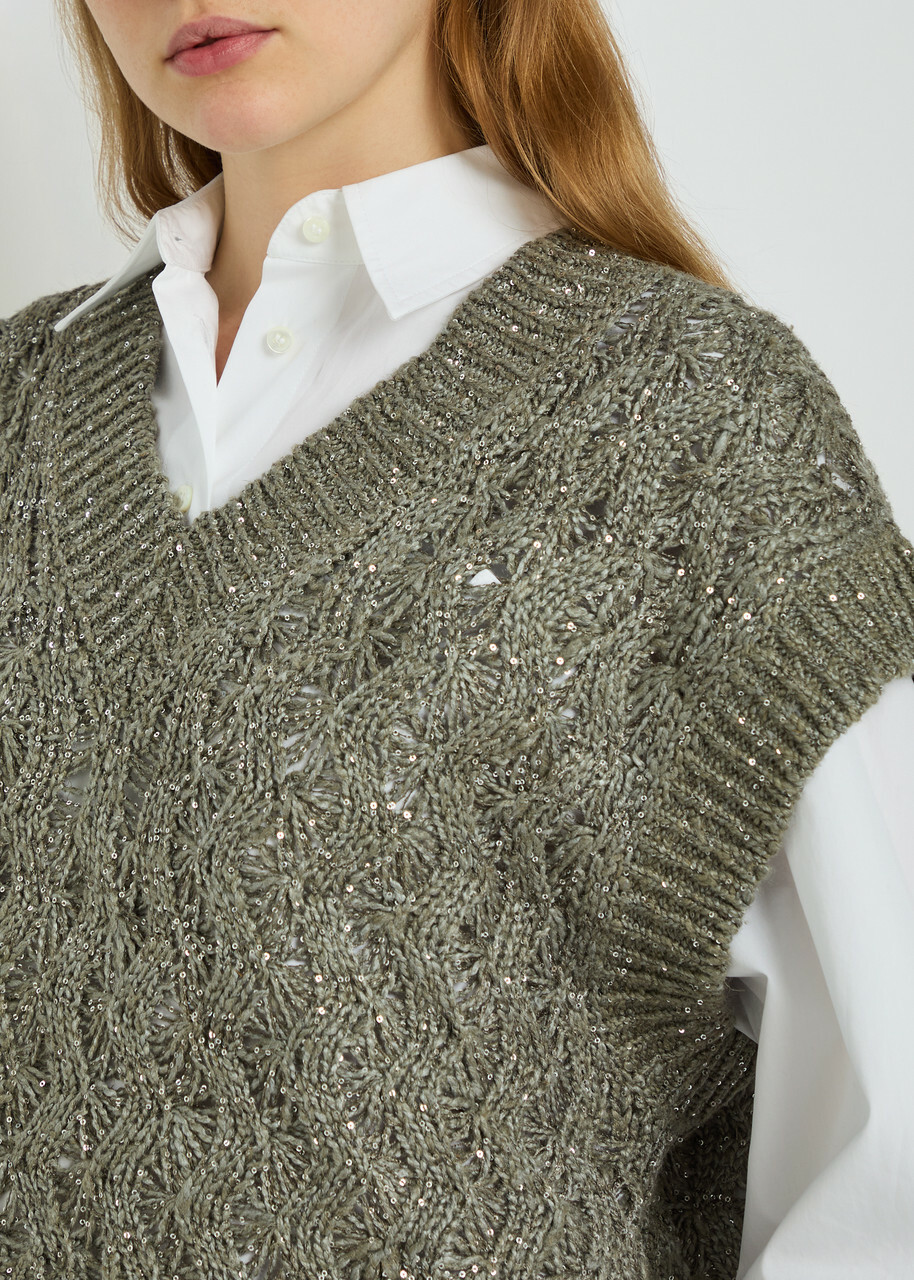 Brunello Cucinelli Sequin-embellished Knitted Silk-blend Vest Grey