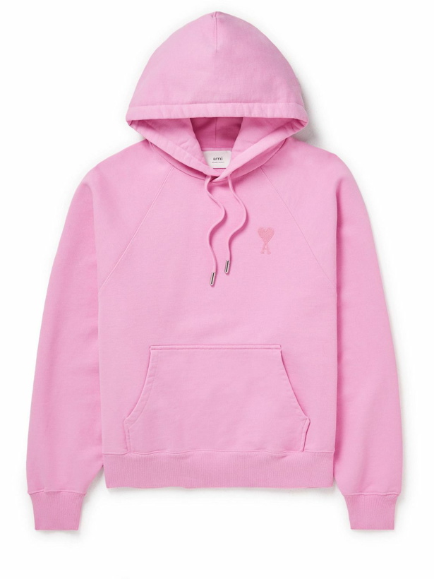 Photo: AMI PARIS - Logo-Embroidered Cotton-Blend Jersey Hoodie - Pink