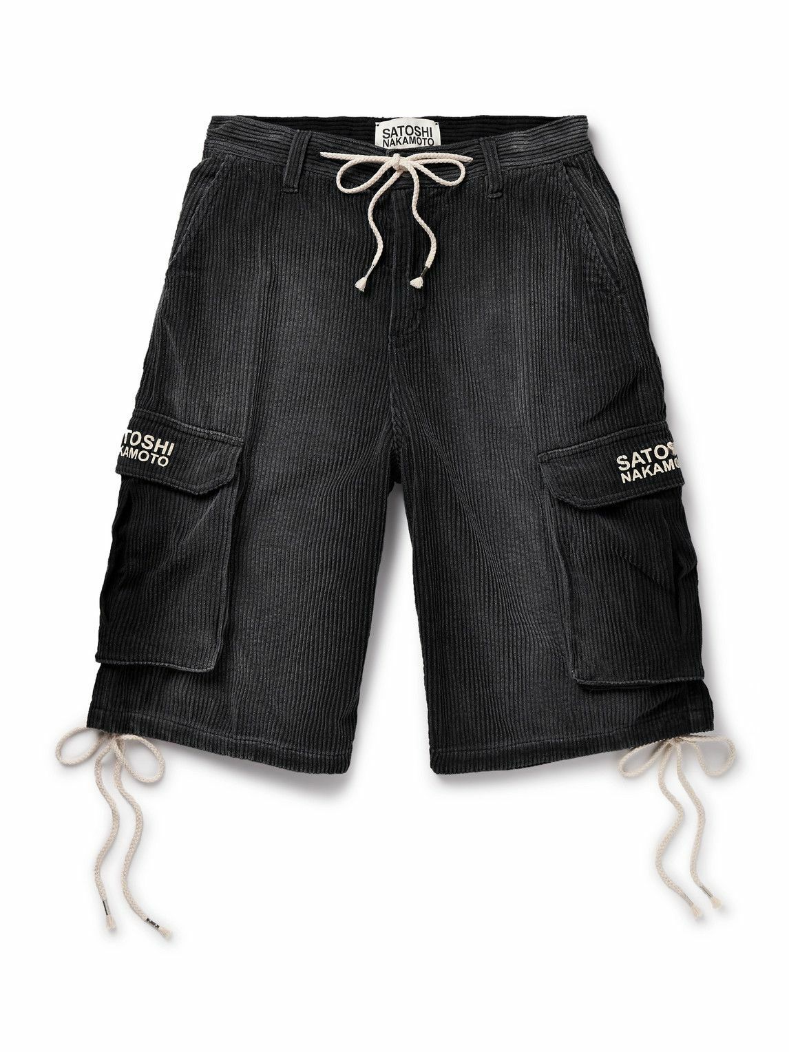 Satoshi Nakamoto - Staight-Leg Logo-Print Cotton-Corduroy Drawstring Shorts - Gray