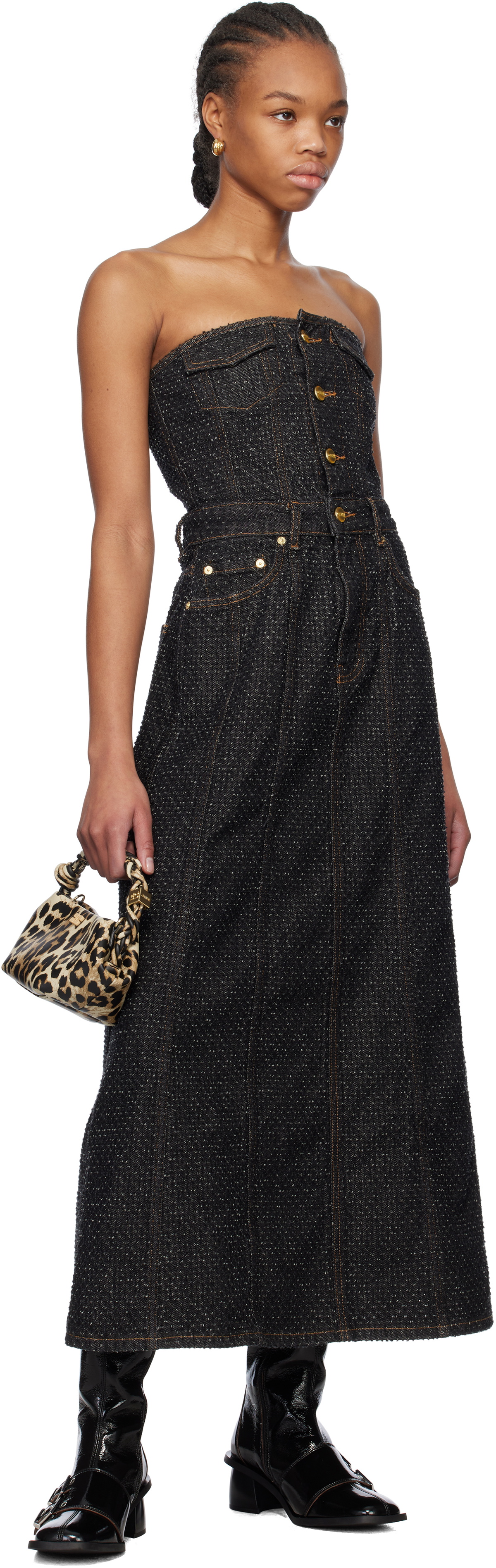 GANNI Black Fluffy Denim Corsage Maxi Dress GANNI