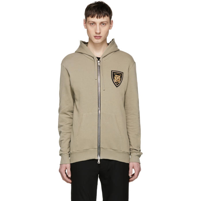 Photo: Balmain Khaki Badge Zip Hoodie 