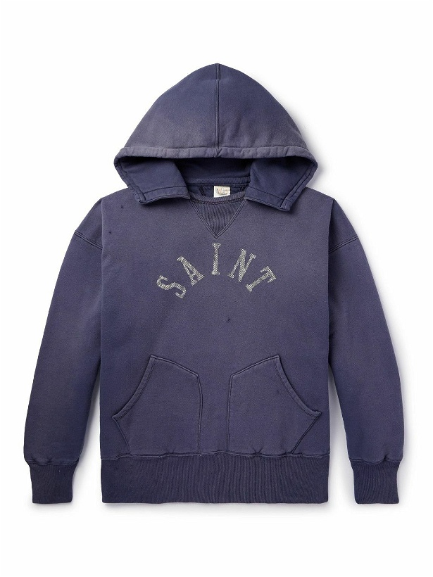 Photo: SAINT Mxxxxxx - Logo-Print Distressed Cotton-Jersey Hoodie - Blue