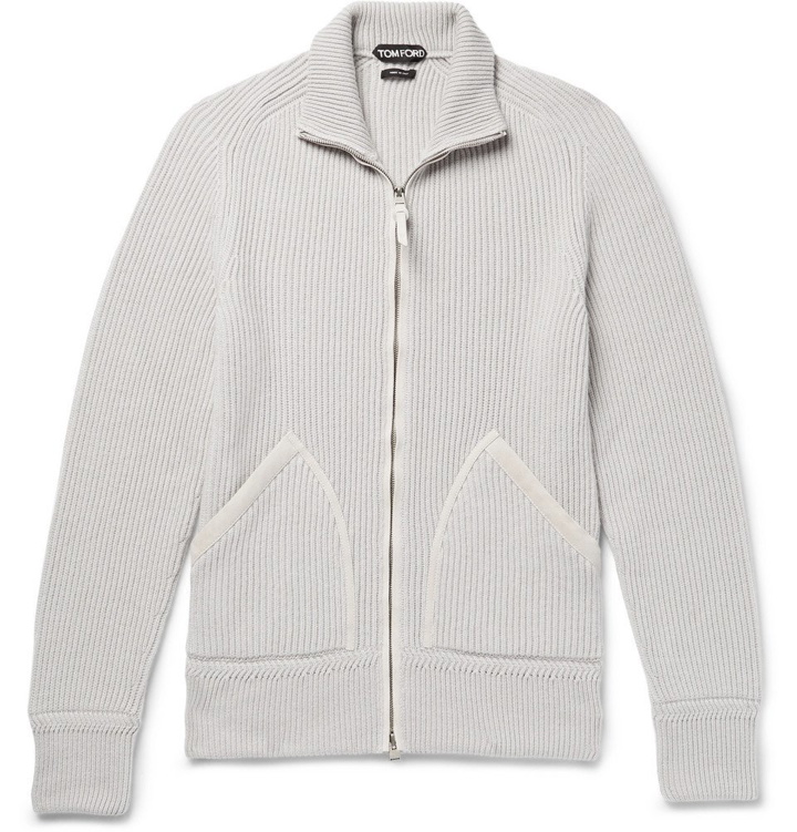 Photo: TOM FORD - Slim-Fit Suede-Trimmed Ribbed Cashmere Zip-Up Cardigan - Men - Light gray