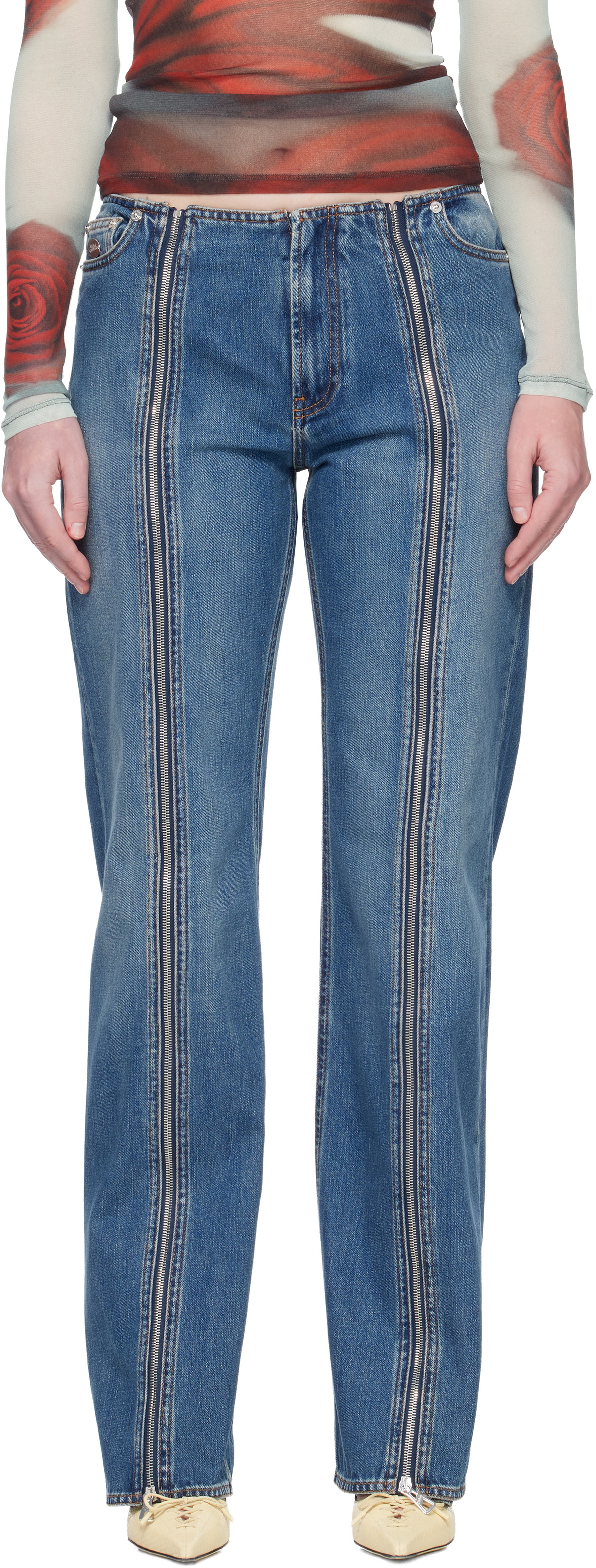 Jean Paul Gaultier Women's Logo Straight Leg Jeans in Light Blue
