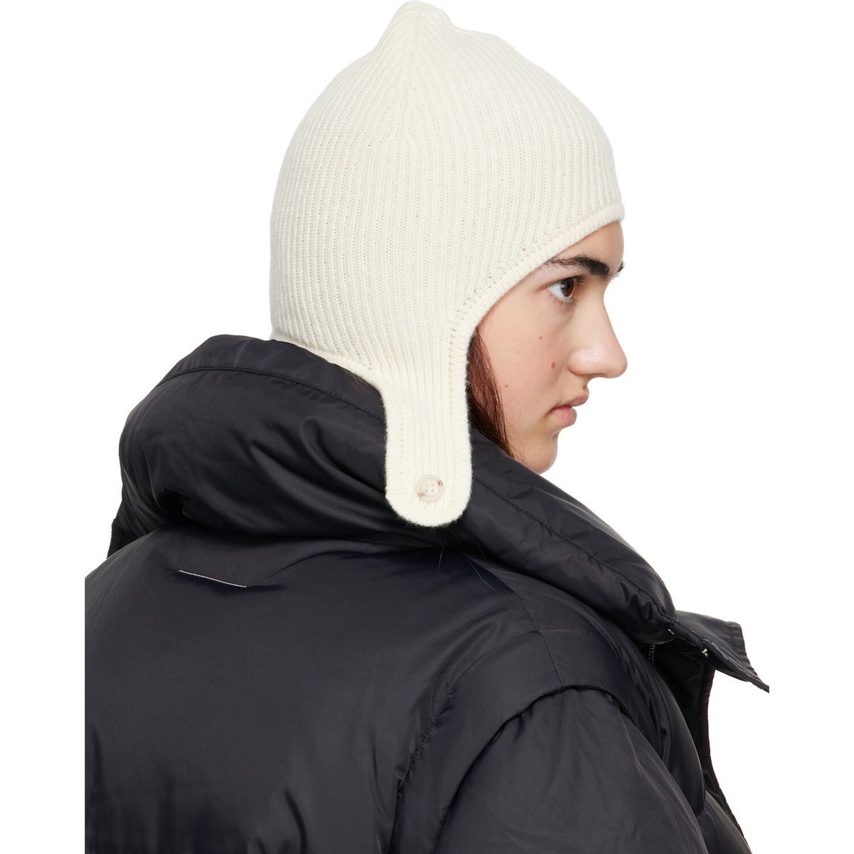 MM6 Maison Margiela Off-White Ribbed Aviator Beanie