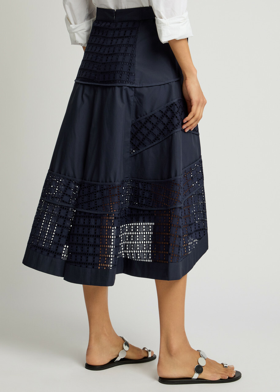 3.1 Phillip Lim Eyelet-embroidered Cotton-poplin Midi Skirt Navy