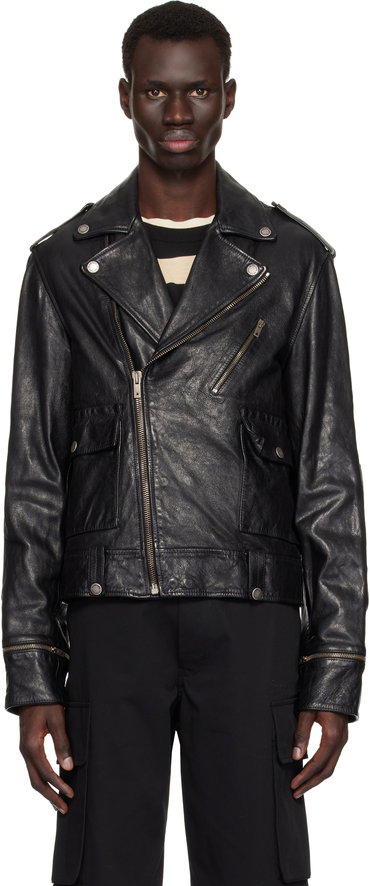 Golden Goose Black Glossy Effect Biker LeatherJacket