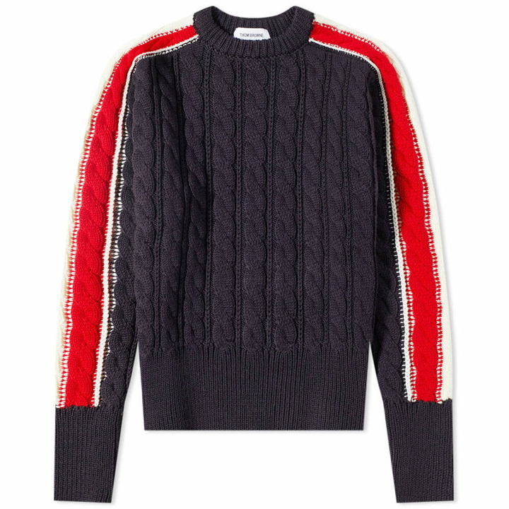 Photo: Thom Browne Men's Tricolour Sleeve Stripe Crew Cable Knit in Navy