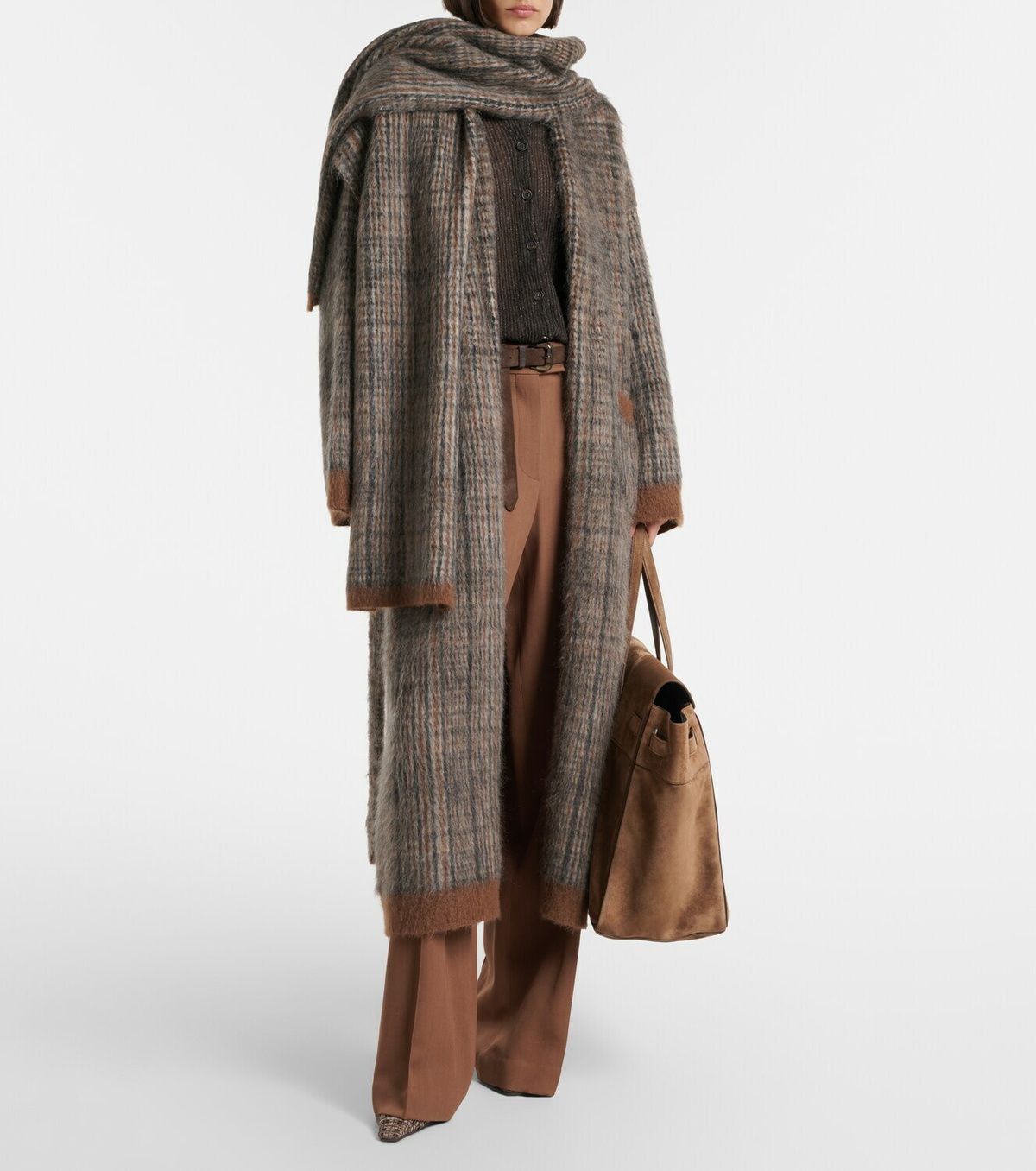 Brunello Cucinelli Checked mohair and wool-blend wrap coat