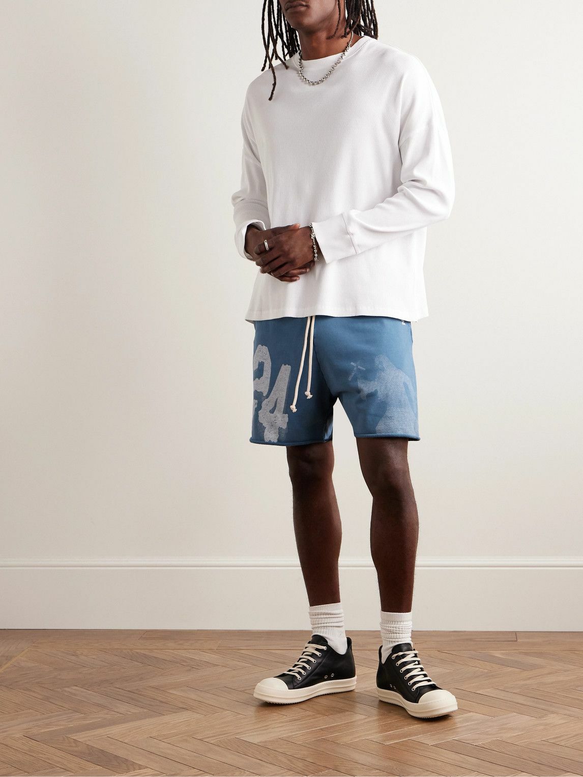 RRR123 - Enemy Straight-Leg Logo-Print Cotton-Jersey Drawstring Shorts - Cobalt