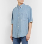 Balenciaga - Button-Down Collar Distressed Logo-Print Denim Shirt - Blue