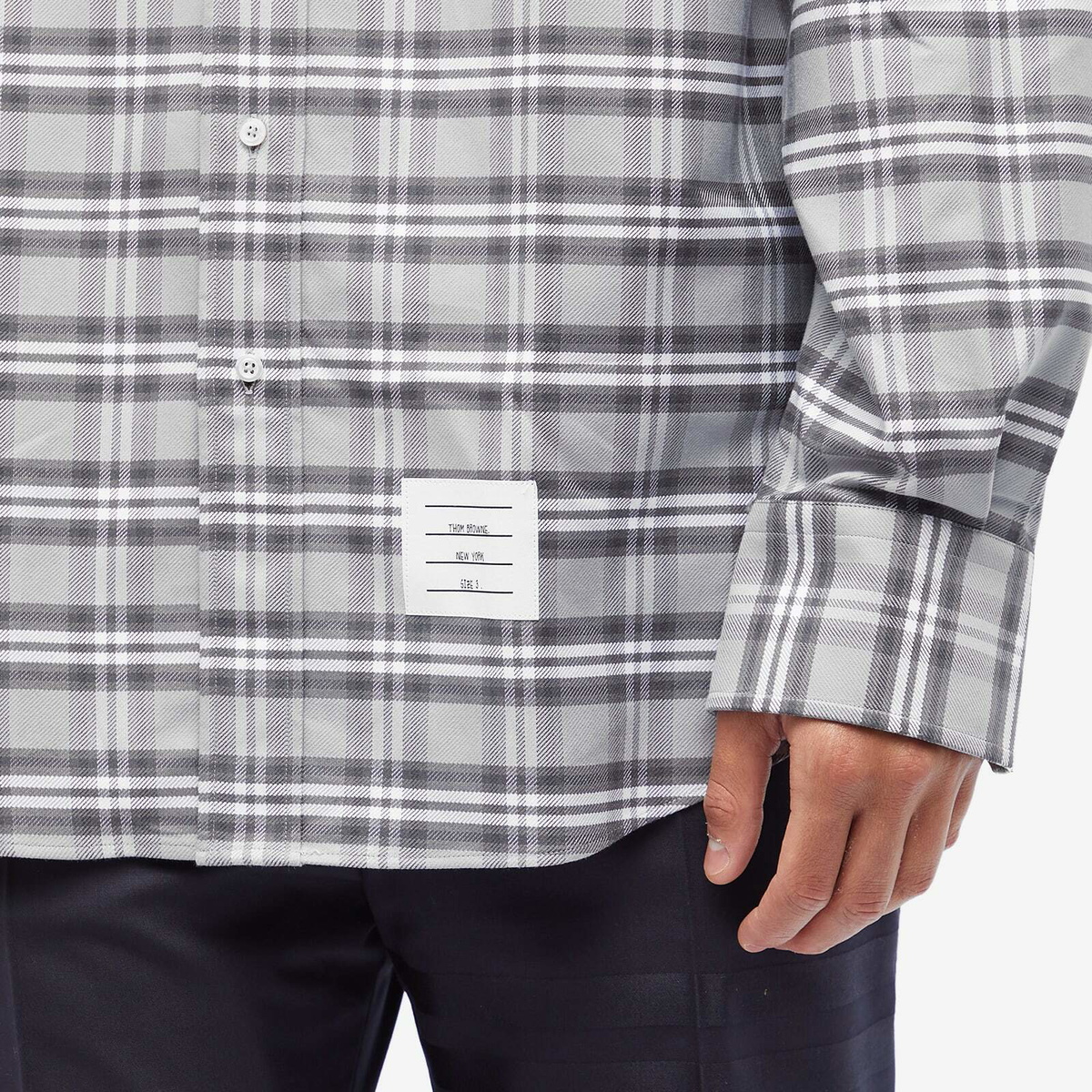 Thom Browne Men's Arm Band Button Down Check Shirt in Medium Grey Thom