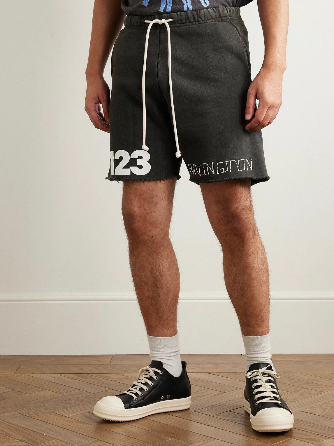 RRR123 - Gymbag Frayed Logo-Print Embroidered Cotton-Jersey Shorts - Black
