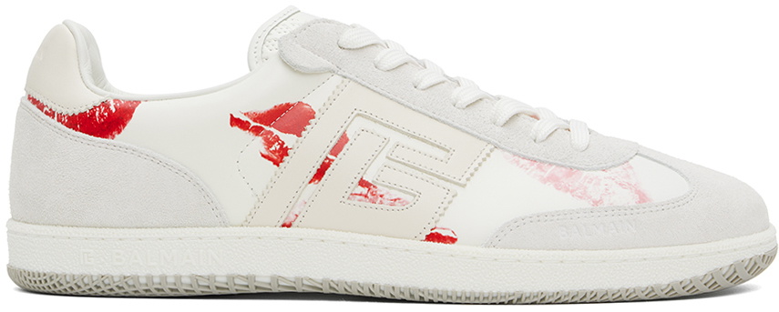Balmain White & Gray Calfskin 'Balmain' Swan Sneakers Balmain
