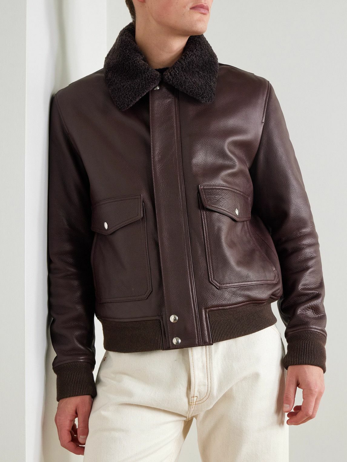 Mr P. - Shearling-Trimmed Full-Grain Leather Blouson Jacket - Purple
