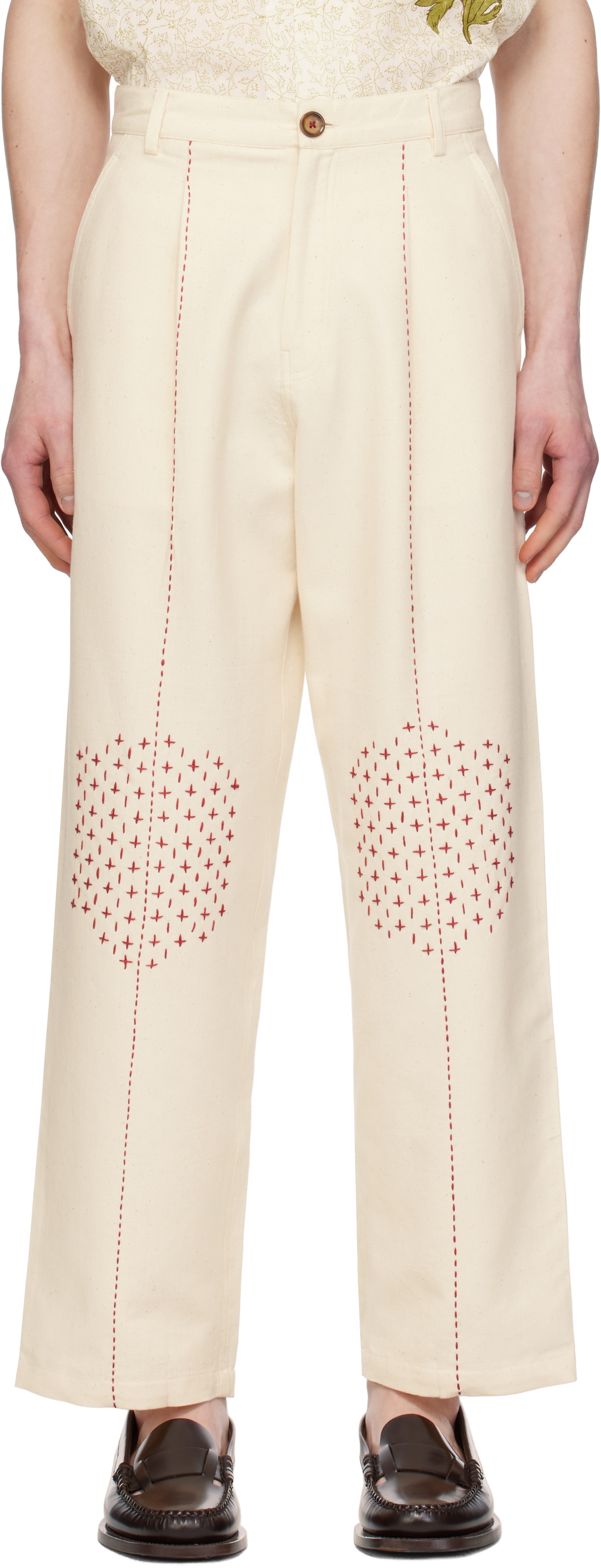 HARAGO Off-White Embroidered Wide Leg Trousers