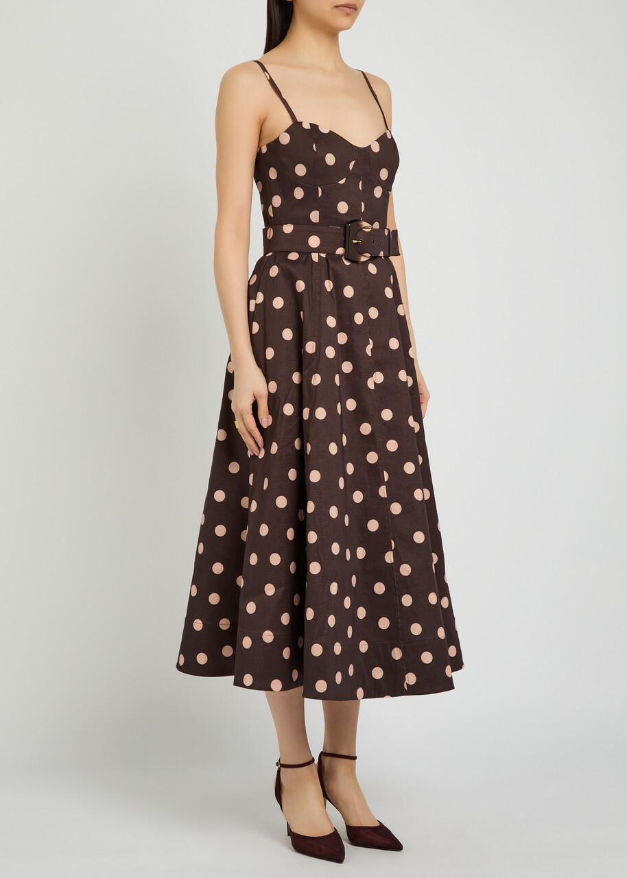 Rebecca Vallance Vivianne Polka-dot Slubbed-poplin Midi Dress Brown