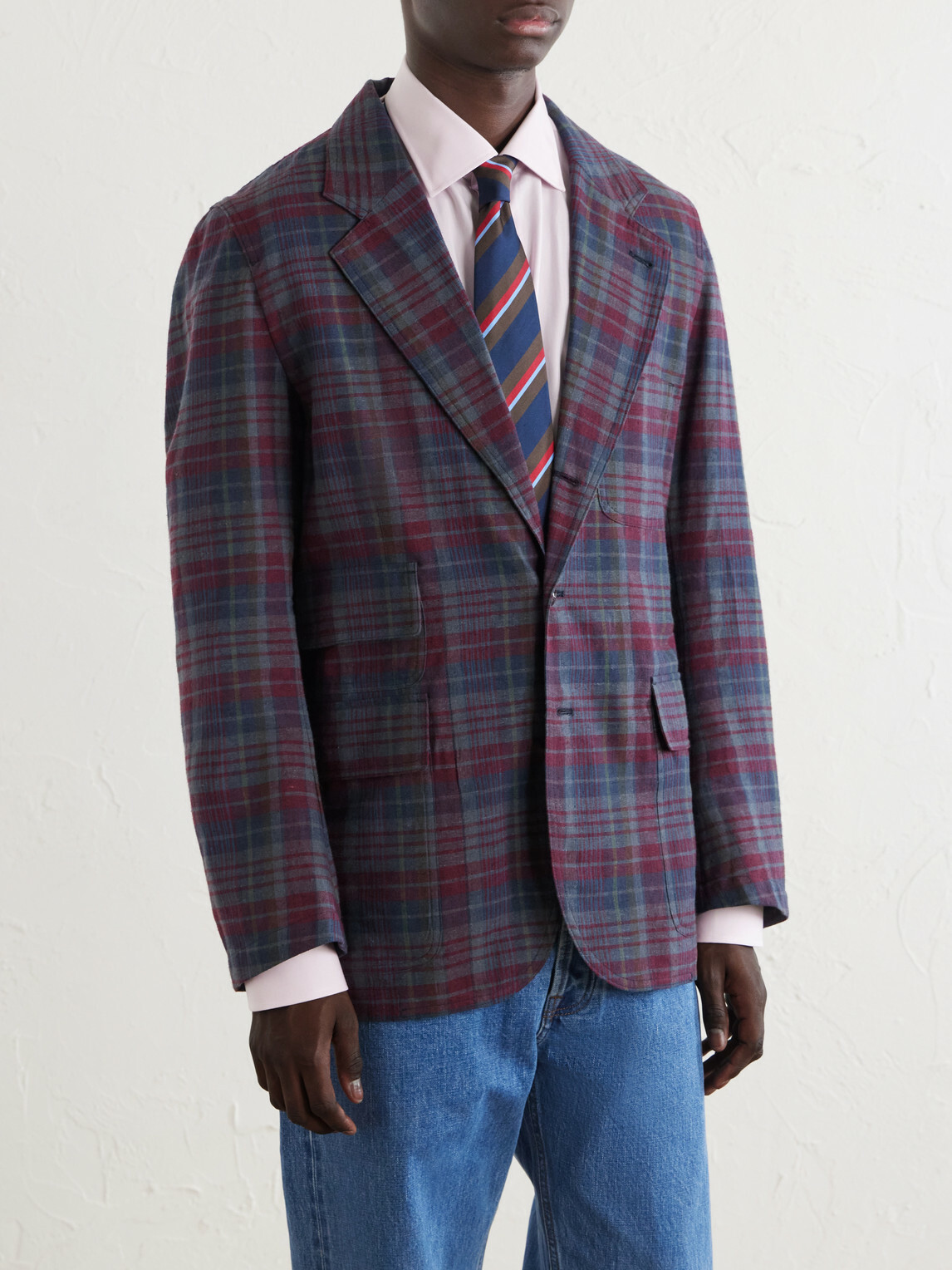 Drake's - Madras Games Checked Linen-Blend Blazer - Blue