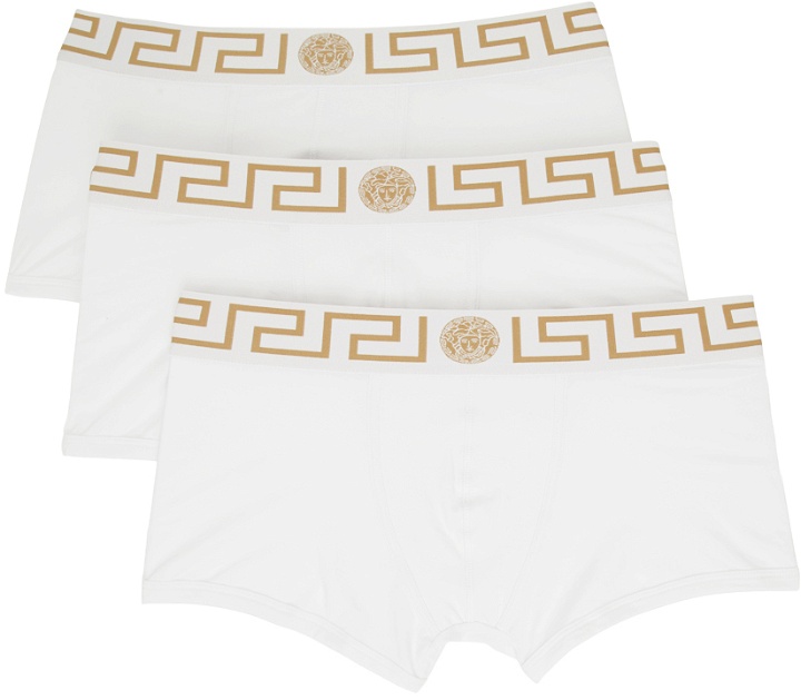 Photo: Versace Underwear Three-Pack White Greca Border Briefs
