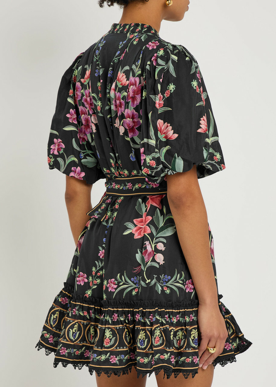 Farm Rio Belle Garden Floral-print Cotton-blend Mini Dress Black