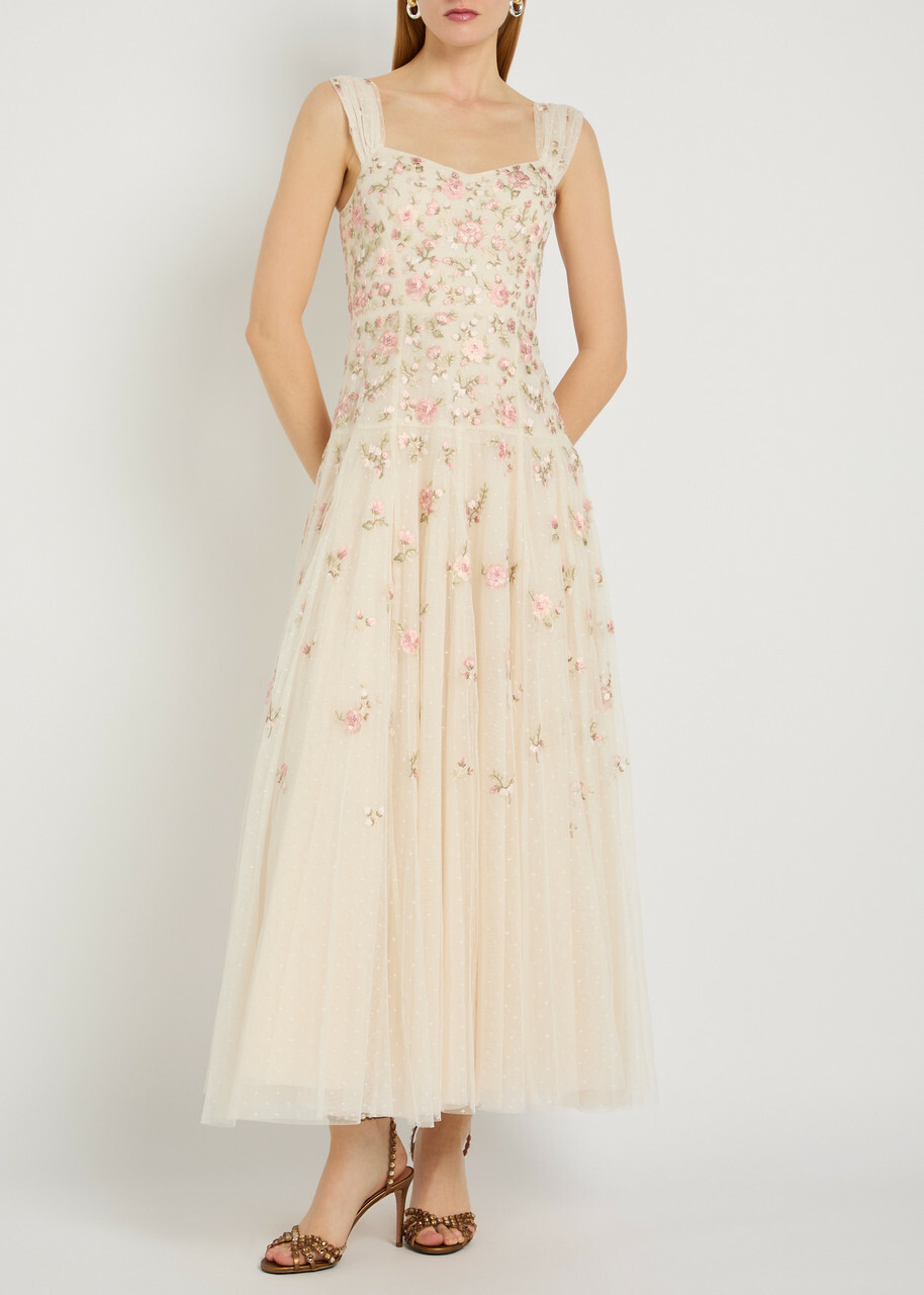 Needle & Thread Mayflower Ditsy Floral-embroidered Tulle Gown Cream