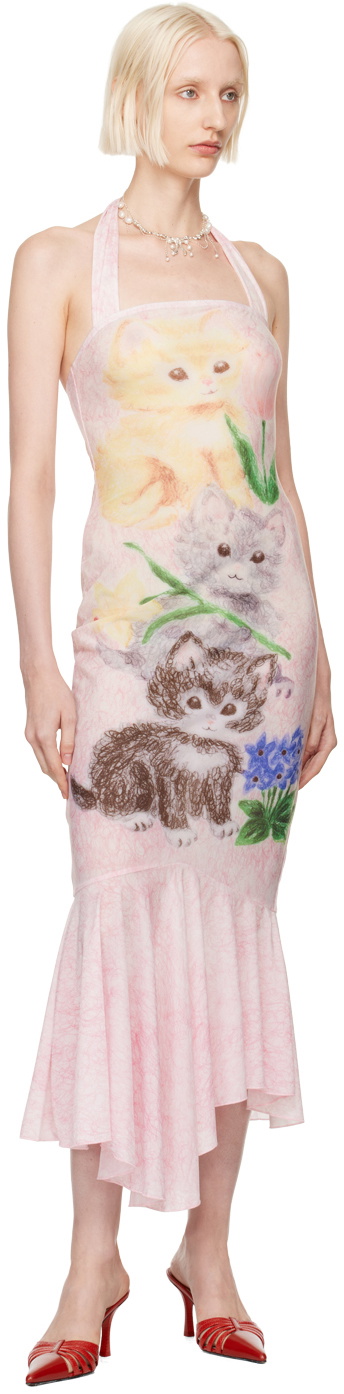 Yuhan Wang Pink Kitty Printed Halter Midi Dress