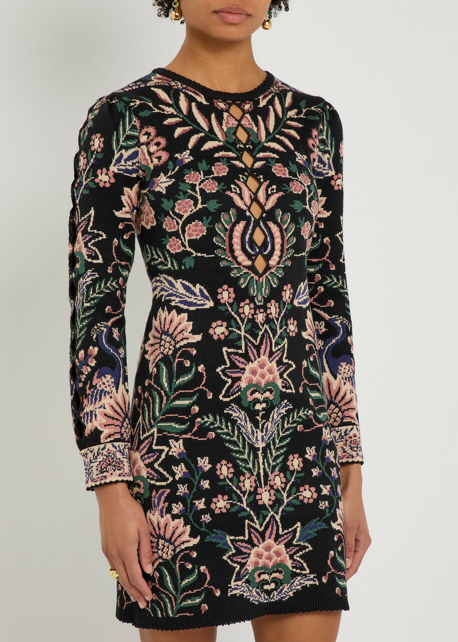 Farm Rio Marvelous Garden Floral-jacquard Knit Mini Dress Black