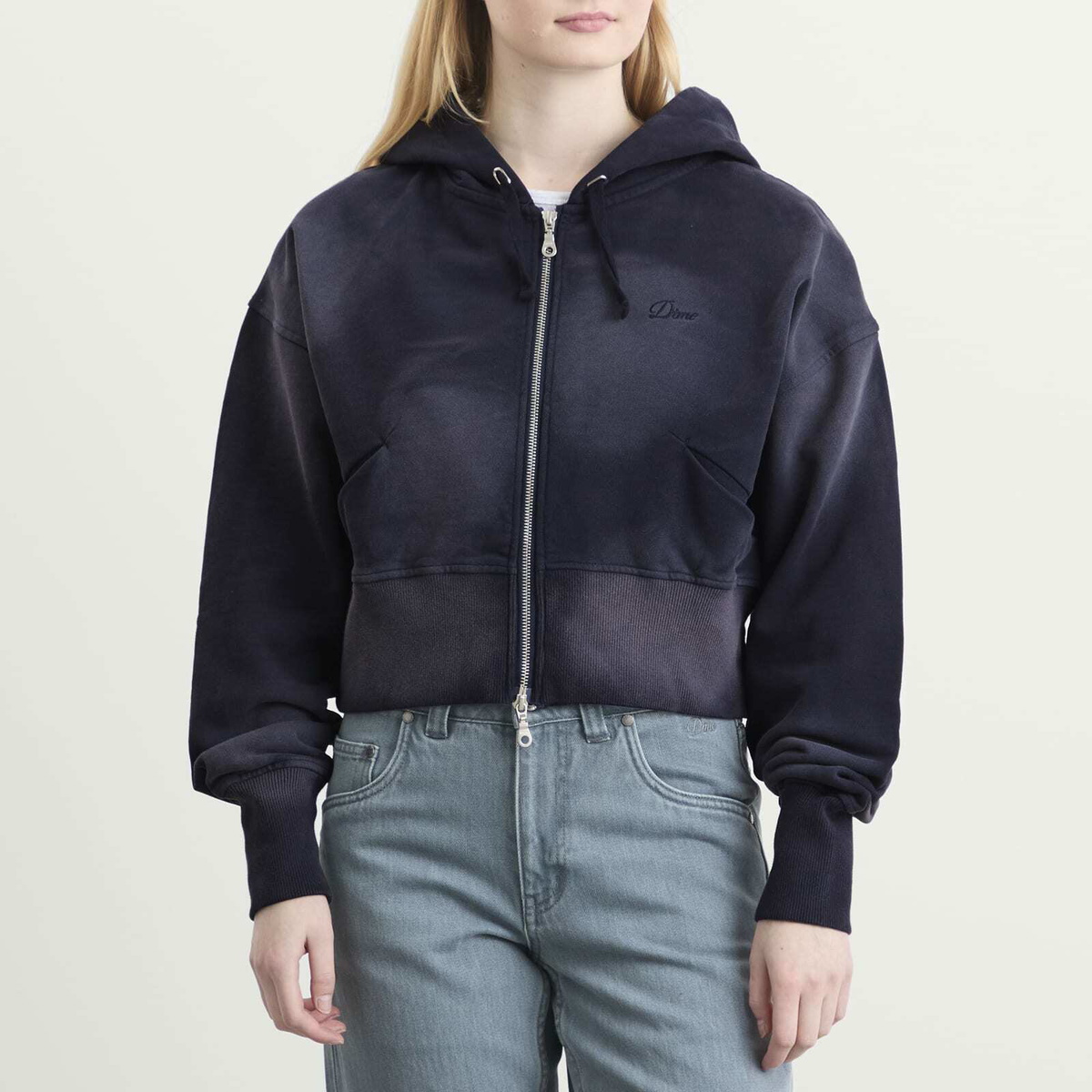 Dime Women's Crop Zip Hoodie in Navy Washed