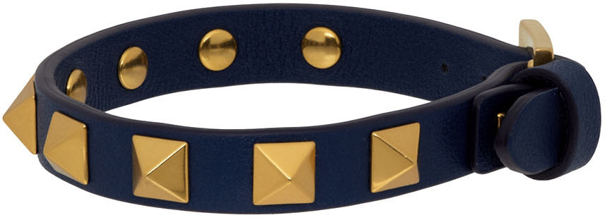 Valentino Garavani Navy Leather Studded Bracelet