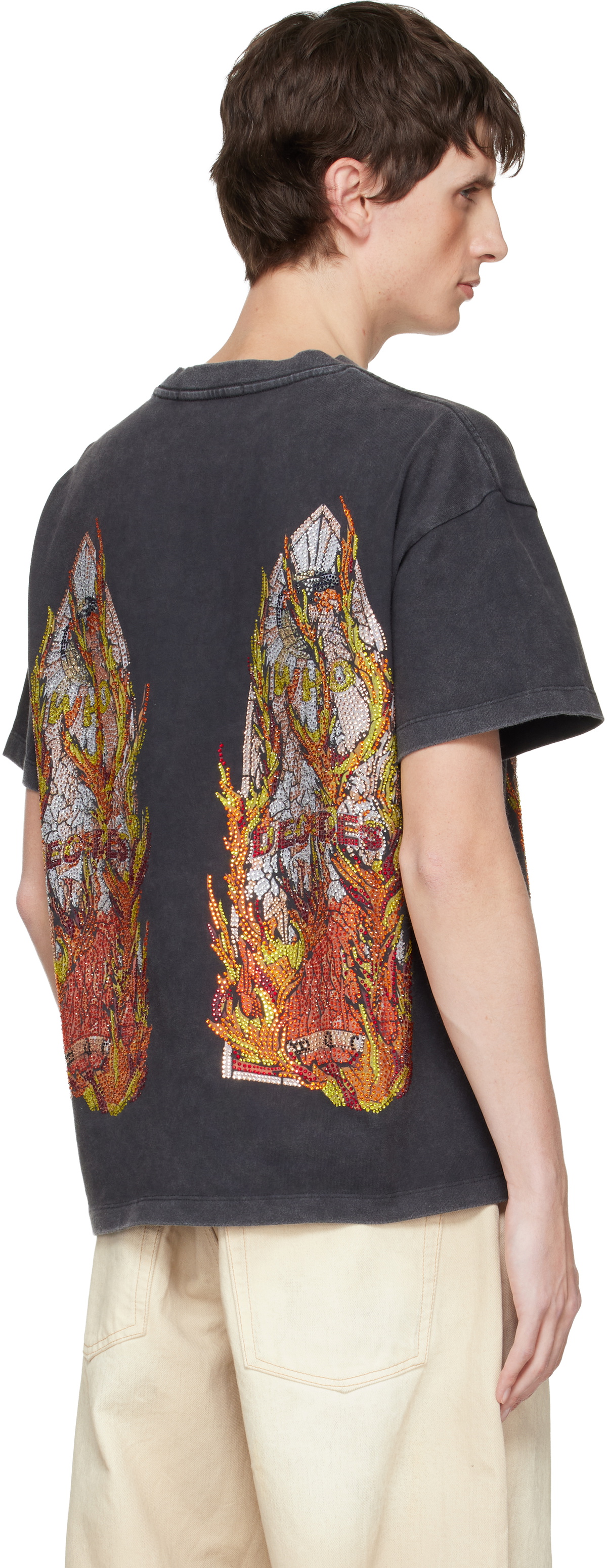Who Decides War Black Rhinestone Flame Glass T-shirt