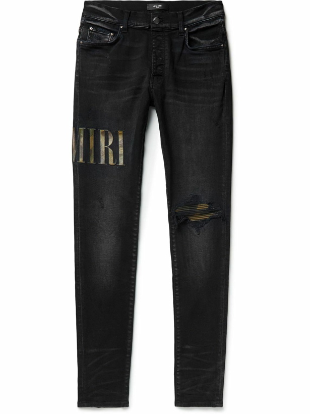 Photo: AMIRI - Leather-Trimmed Appliquéd Skinny Jeans - Black