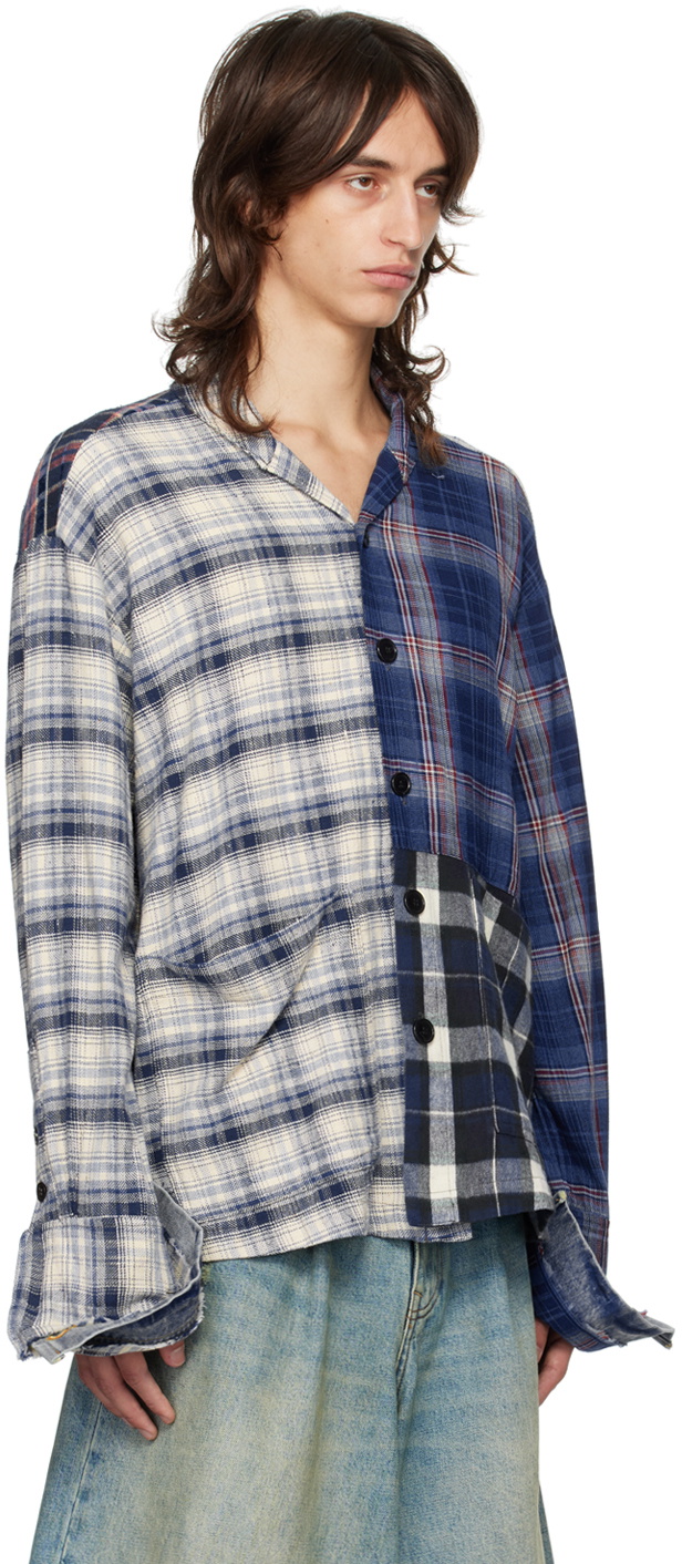 Greg Lauren Multicolor Mixed Plaid Shawl Collar Boxy Shirt