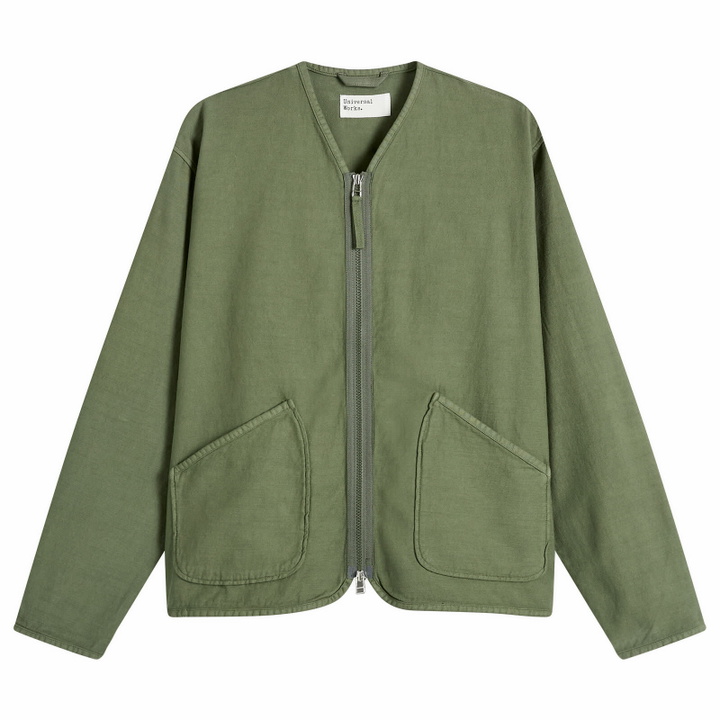 Photo: Universal Works Men's Slub Sateen Zip Liner Jacket in Olive