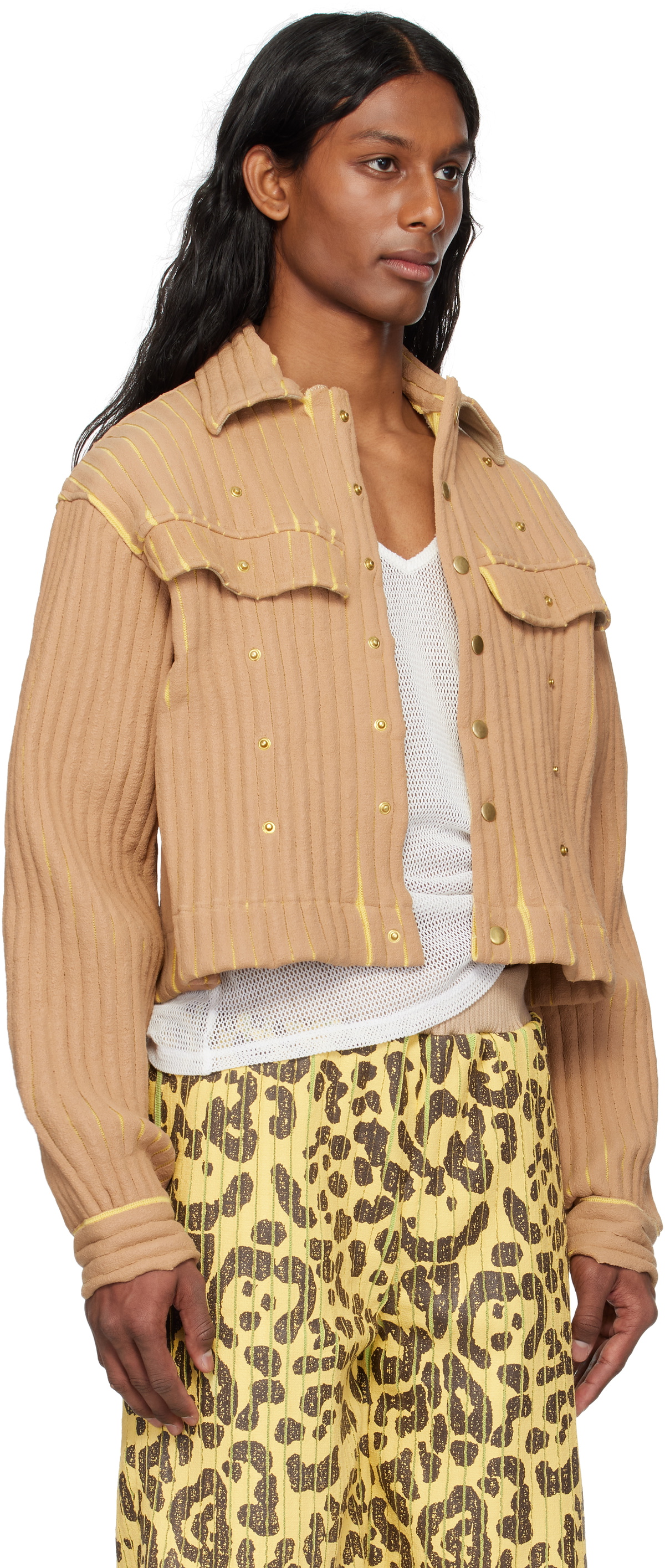 Stanley Raffington Beige & Yellow Ribbed Cropped Work Jacket