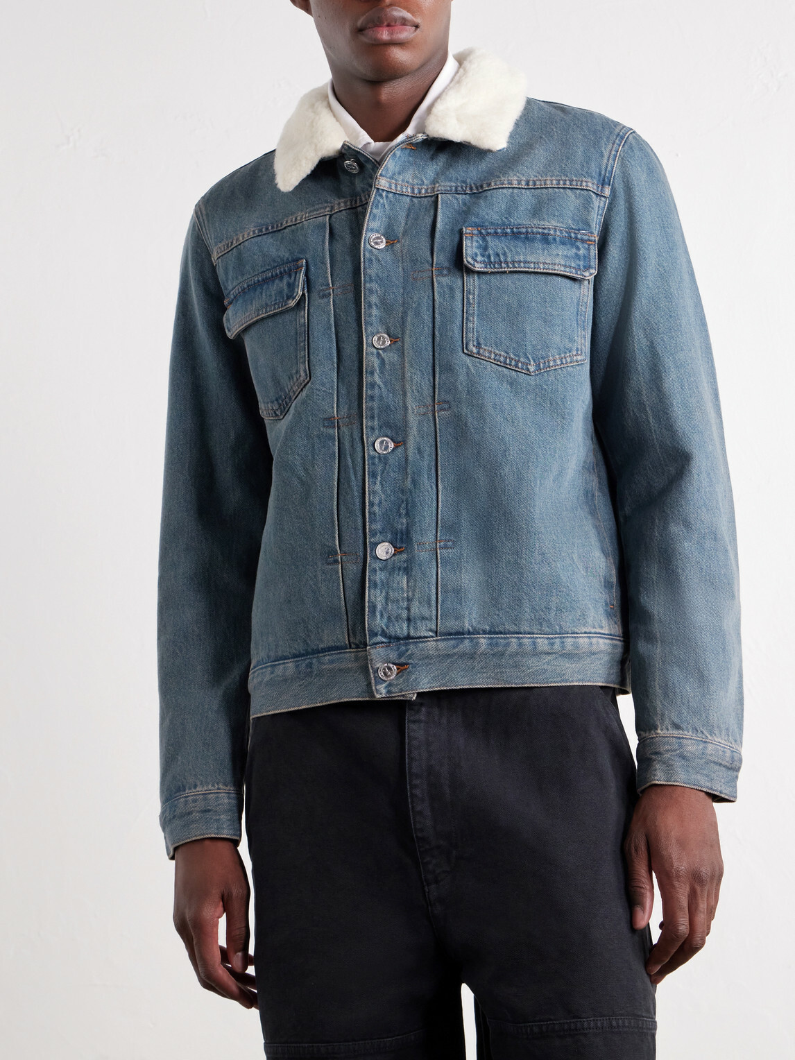 A.P.C. - Justin Pleated Wool-Trimmed Denim Jacket - Blue