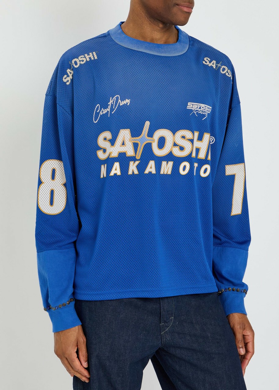 Satoshi Nakamoto Mesh Moto Logo-print Mesh Jersey T-shirt Blue