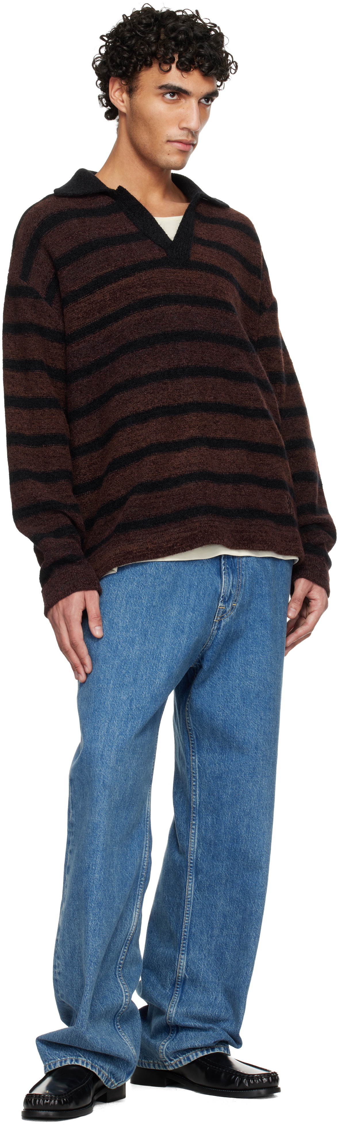 WOOYOUNGMI Brown Striped Collar Polo