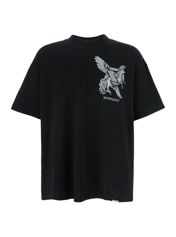 Photo: REPRESENT elegance Unicorn Black Crewneck T-shirt With Logo Print On The Front And Maxi Print On The Rear In Cotton Man