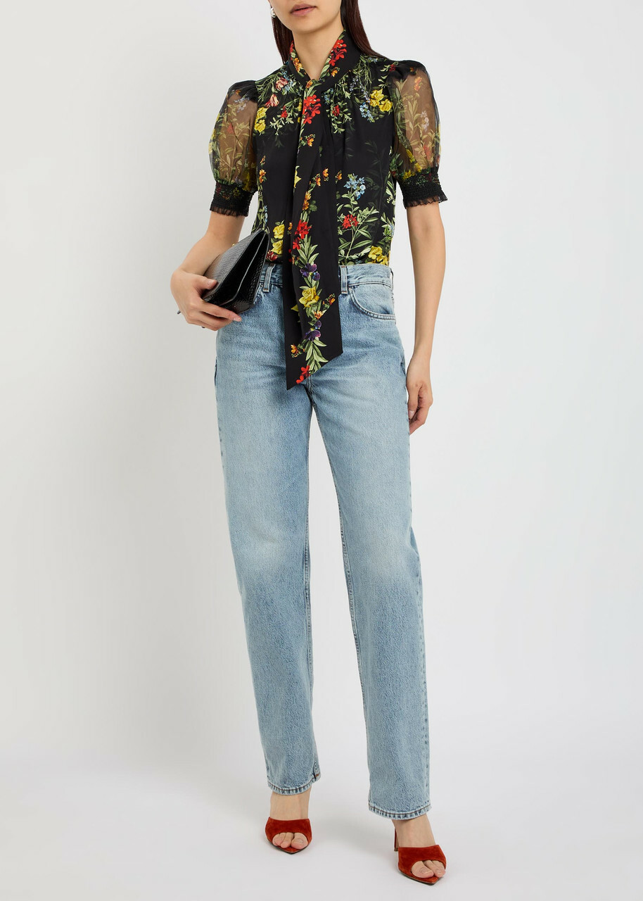 Alice + Olivia Brentley Floral-print Woven Blouse Black