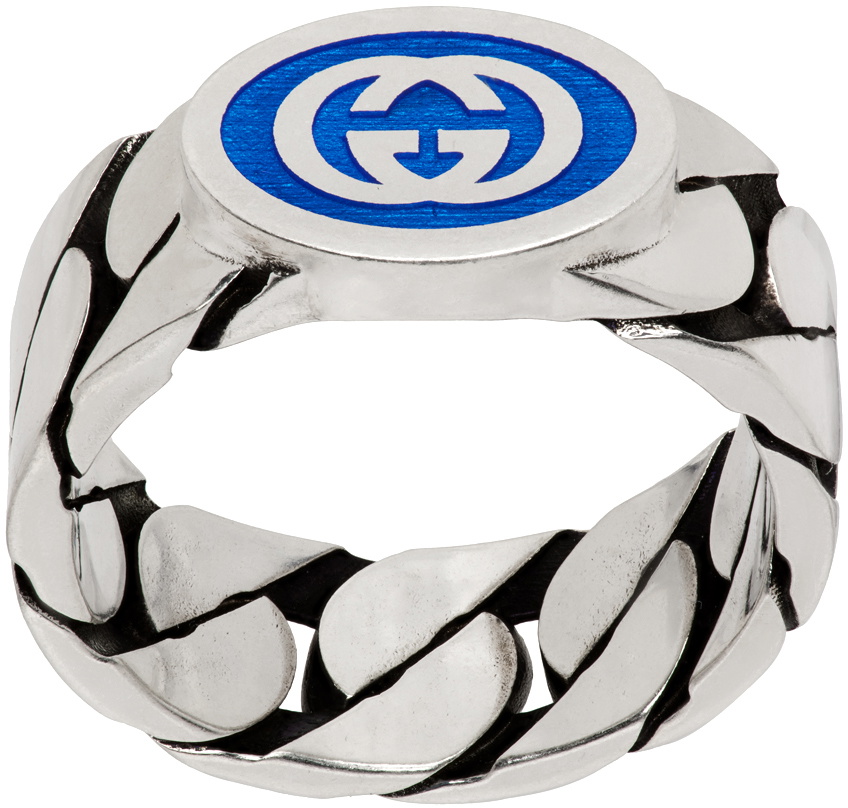 Gucci Silver & Blue Curb Chain Ring
