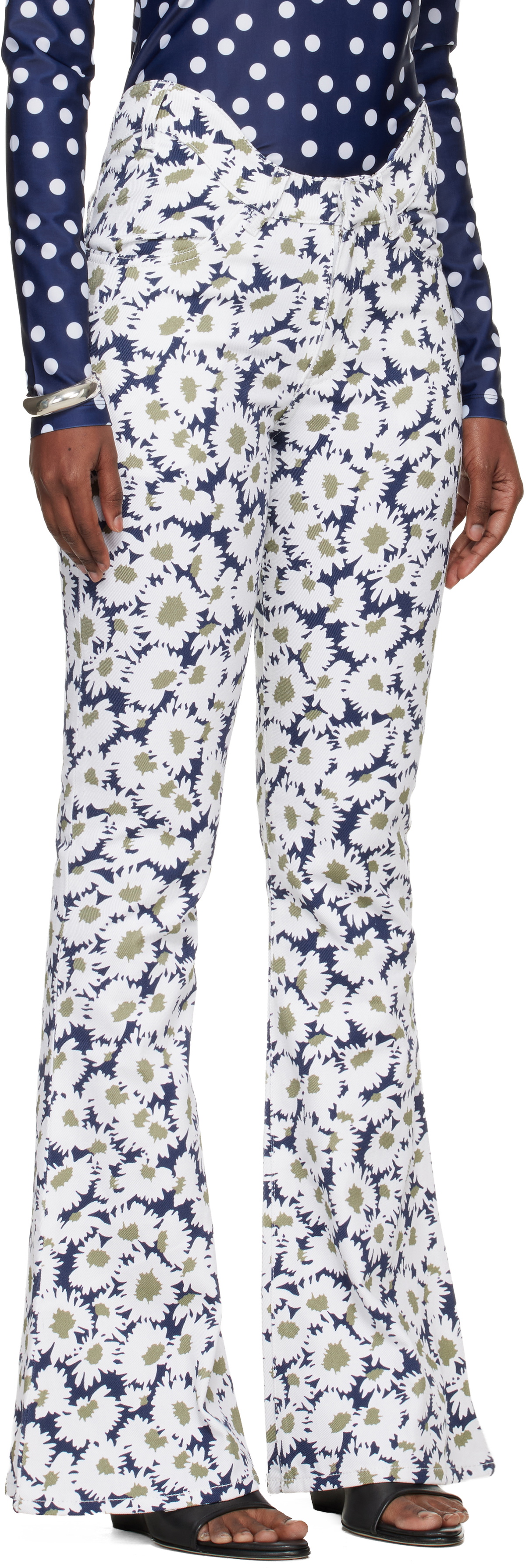 Jean Paul Gaultier White & Navy 'The Curved Flower' Jeans