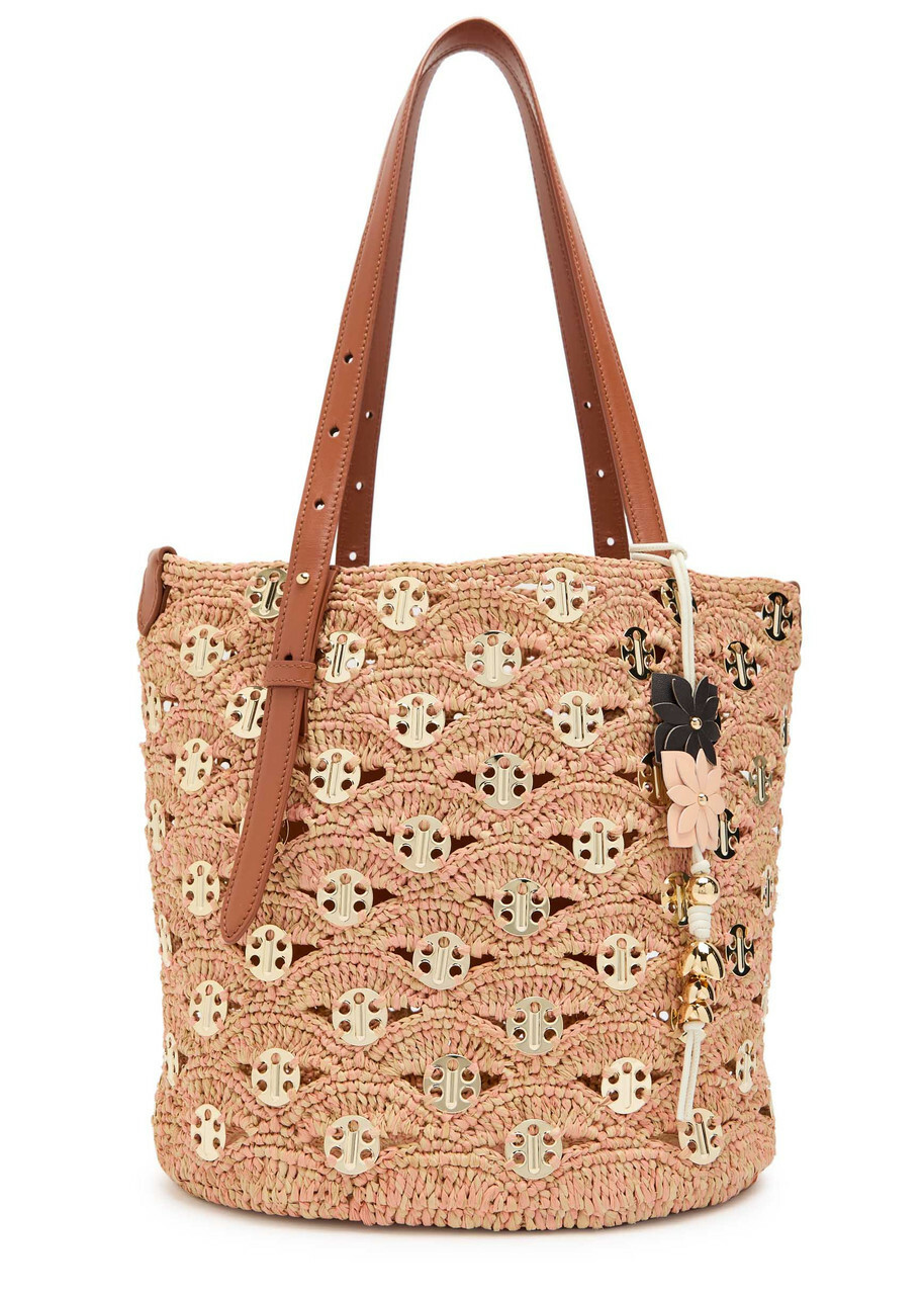 Rabanne Disc-embellished Raffia Bucket Tote bag - Peach - One Size